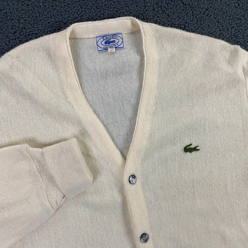 Vintage Izod Lacoste Cardigan Mens Medium Knit Cream Tennis Golf Logo